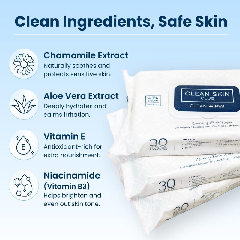 Clean Skin Club XL Makeup Remover Wipes - Textured Cleansing Facial Wipes for Sensitive Skin | Hypoallergenic & Fragrance-Free, 30 Count