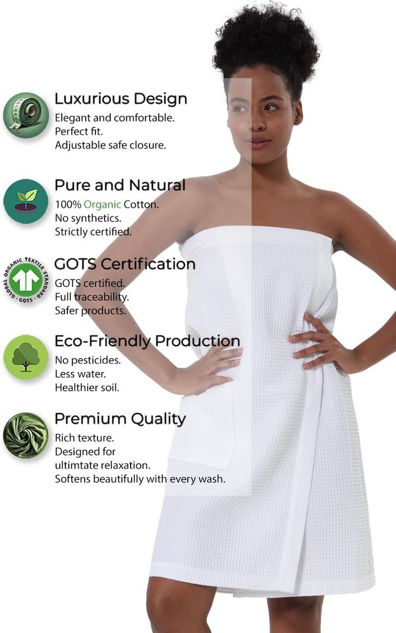 SEYANTE Women's Organic Waffle Spa Wrap - GOTS Certified 100% Turkish Cotton, Lightweight & Adjustable