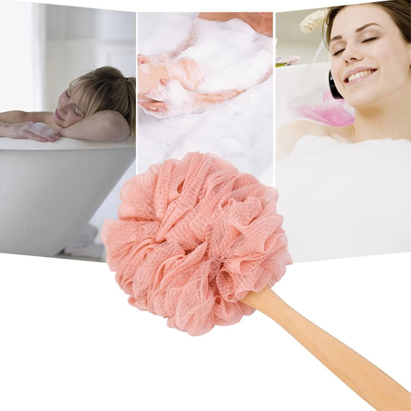 Arswin Loofah Back Scrubber for Shower, Wooden Long Handle Bath Sponge Lufa Shower Brush, Soft Nylon Mesh Back Cleaner Washer, Women & Men Exfoliating Luffa Pouf on a Stick for Body (Pink)