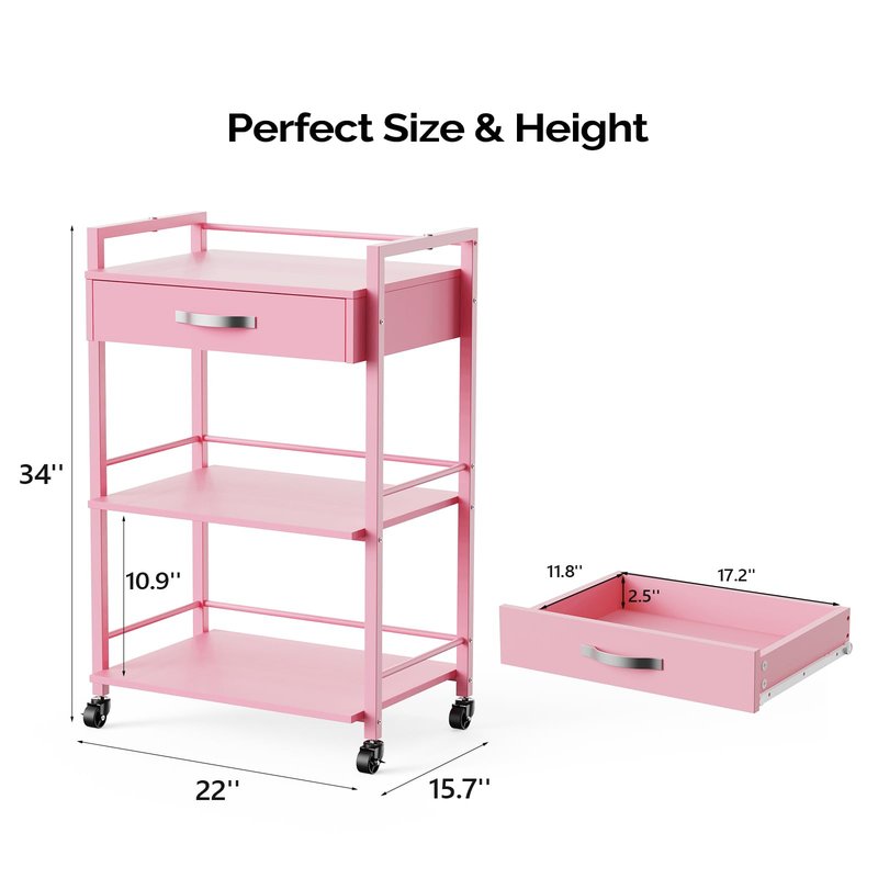 Salon Trolley Cart for Beauty SPA, Wooden Rolling Storage Station, Mobile Utility Cabinet with 1 Drawer 2 Trays, Medical Esthetic Supply Holder for Massage Tattoo Facials, Pink