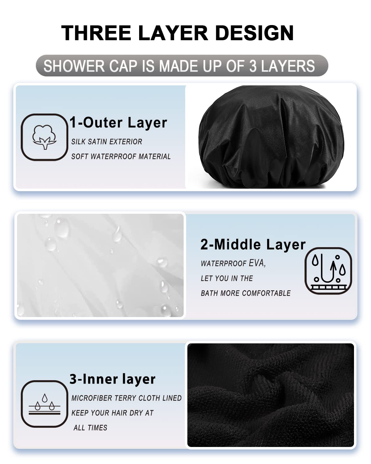 YIZIJIZI Terry Lined Shower Cap, Triple Layer Large Cap for Women, Reusable Waterproof for Long Thick Hair, Black