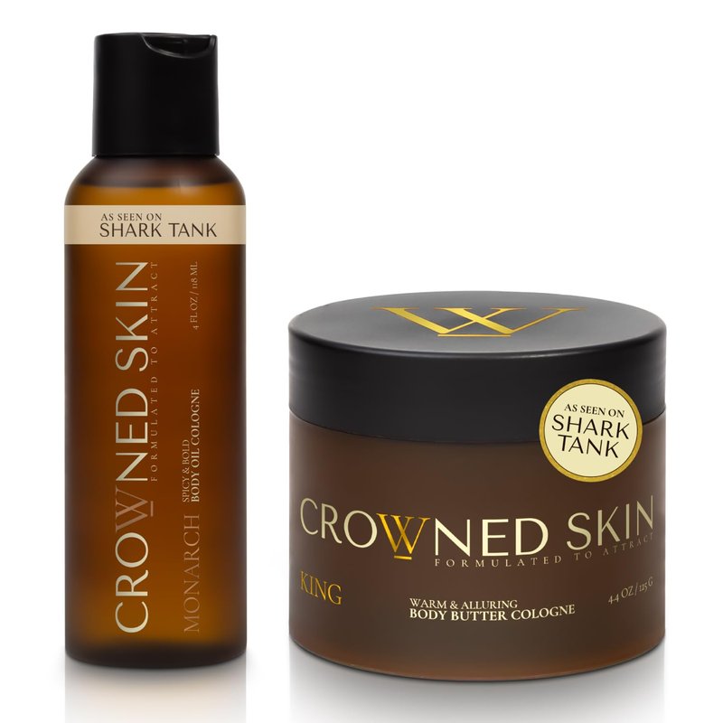 Crowned Skin King Body Butter Cologne and Body Oil Cologne Bundle | As Seen On Shark Tank | Skin Care Set with Warm Sandalwood & Leather Scent | Natural Shea & Mango Butter | All-Day Fragrance
