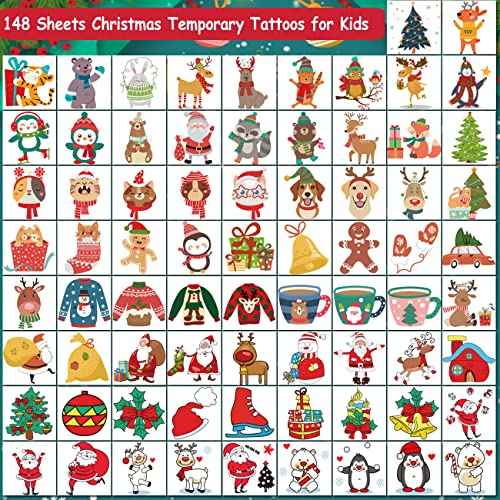 148 PCS Christmas Temporary Tattoos for Kids - Xmas Individual Tattoos for Kids Christmas Party Favors, Stocking Stuffer, Christmas Eve Gift