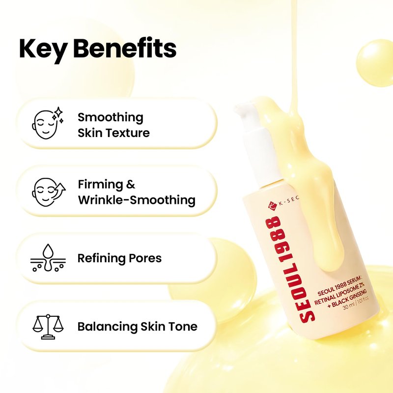 K-SECRET SEOUL 1988 Retinal Serum – Formulated with Advanced Retinal Liposome 2% and 58% Black Ginseng Extract | Fine Lines and Skin Texture Care Serum | Korean Skincare, 30ml / 1.01 fl oz