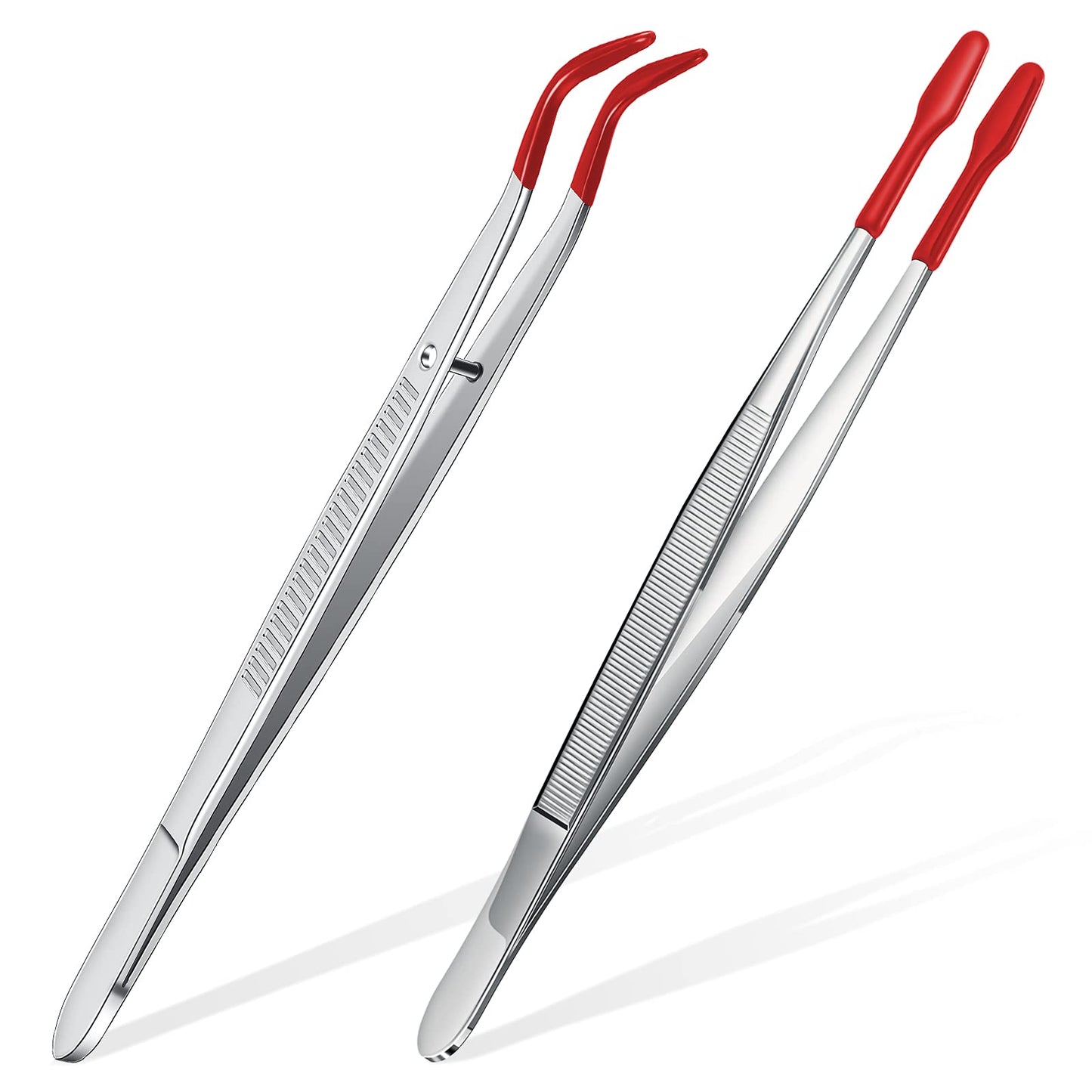 2 Piece Tweezers with Rubber Tips Set - Bent and Straight Flat Tips Tweezers PVC Coated for Stamp Coins Jewelry Crafts, Electronics(Silver, Red)