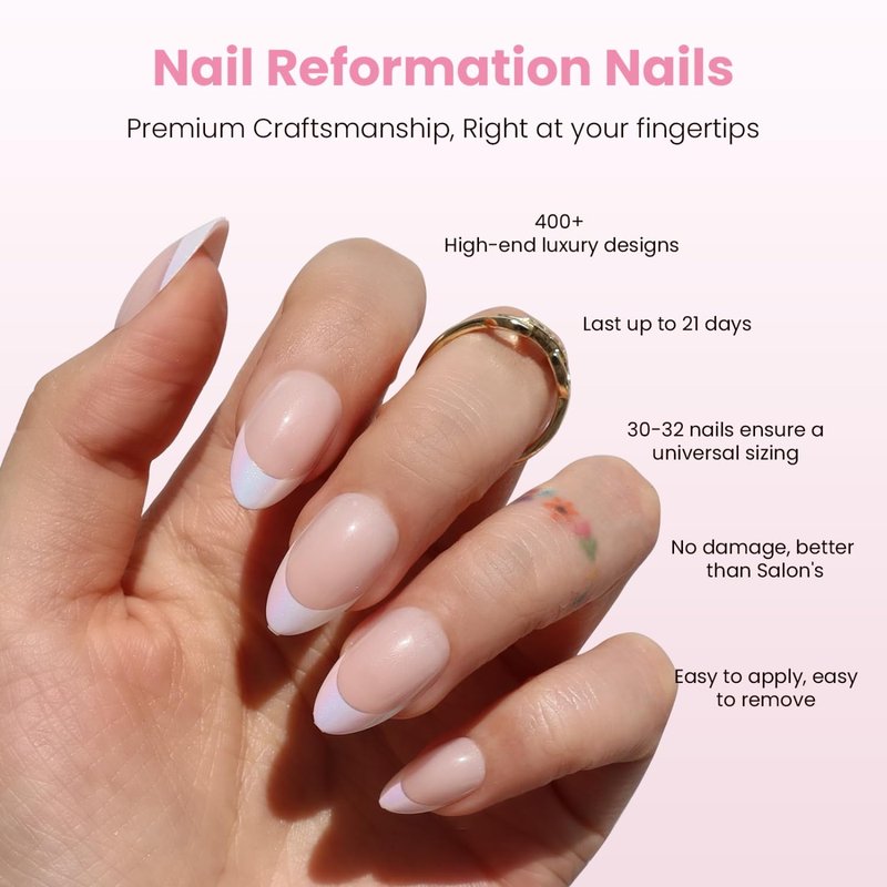 Nail Reformation Press On Nails, Mirror Effect | Short Almond Fake Nails in White French Tip on Pink Gradient Metallic Base, Reusable Stick On Nails in 16 Sizes - 32 False Nail Kit for Women Gifts