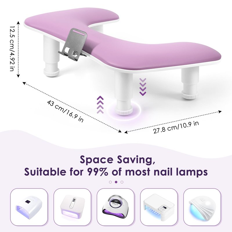 LIONVISON Arm Rest for Nails Tech: U Shaped Adjustable Height Ergonomic Nail Hand Rest Stand PU Leather with Rotating Phone Holder for Nail Salon Manicurist (Puprle)