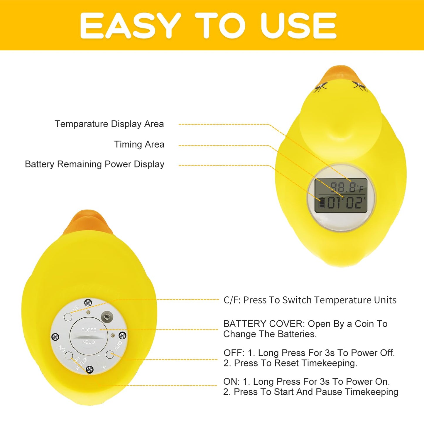 BabyElf Baby Bath Thermometer, Digital Bath Tub Water Temperature Monitor with Fast & Accurate Readings, Floating Duck Toy for Infant & Toddler Bathtub, Room Temperature Display
