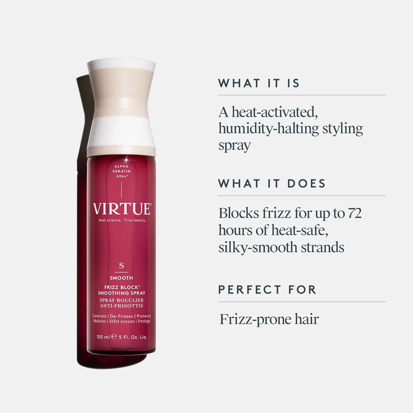 VIRTUE Frizz Block Smoothing Spray - Frizz Control Hair Treatment | Heat & Humidity Protection, 5 Fl Oz