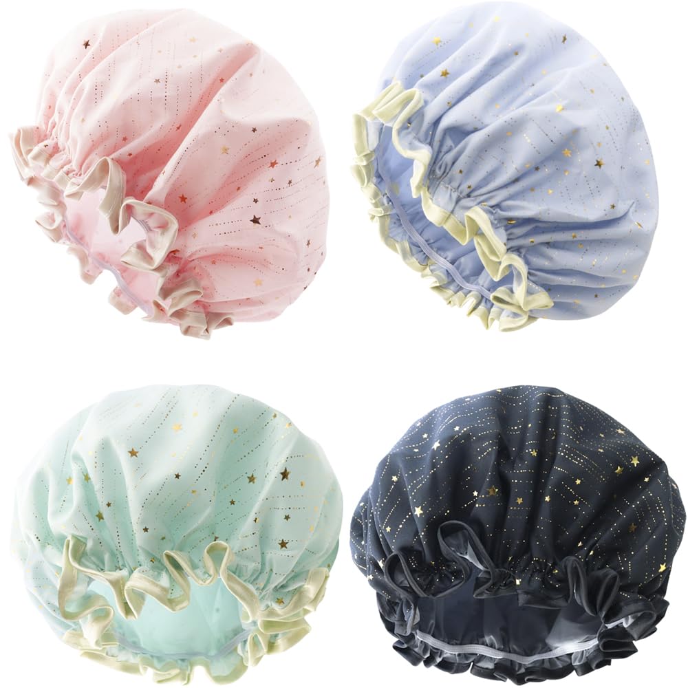 TCOTBE 4 Pieces Shower Caps for Women, Double layer shower cap, Elastic Reusable Bathing Hair Cap Environmental Protection Hair Bath Caps,PEVA Adult Bathing Cap Bath Hair Cover