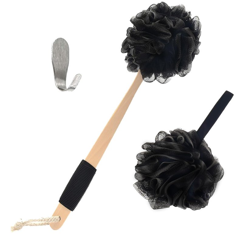 Loofah with Handle | Bamboo Charcoal Infused Loofah Back Scrubber for Shower | Exfoliating Back Loofah for Shower for Men & Women | Includes 1 Loofah on a Stick,1 Loofa Pouf and 1 Hook