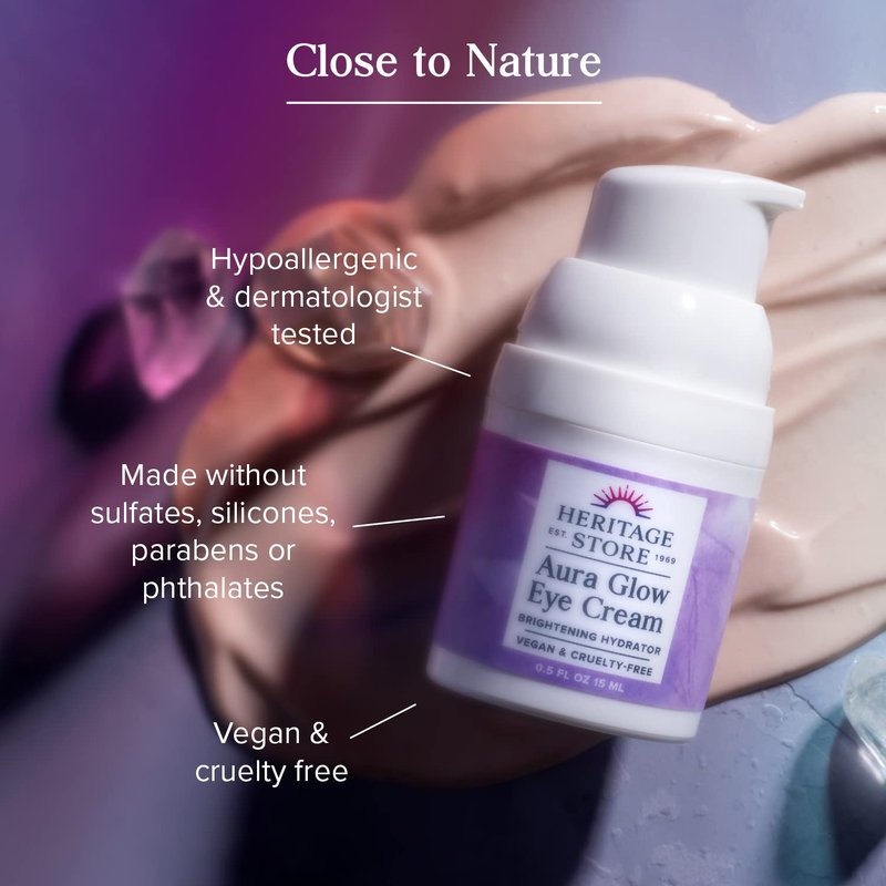 HERITAGE STORE Aura Glow Eye Cream, Under Eye Brightener & Hydrator, Minimizes look of Puffiness, Dark Circles, Fine Lines & Wrinkles w/Bakuchiol, Hyaluronic Acid, Kelp & Clear Quartz, Vegan, 0.5oz