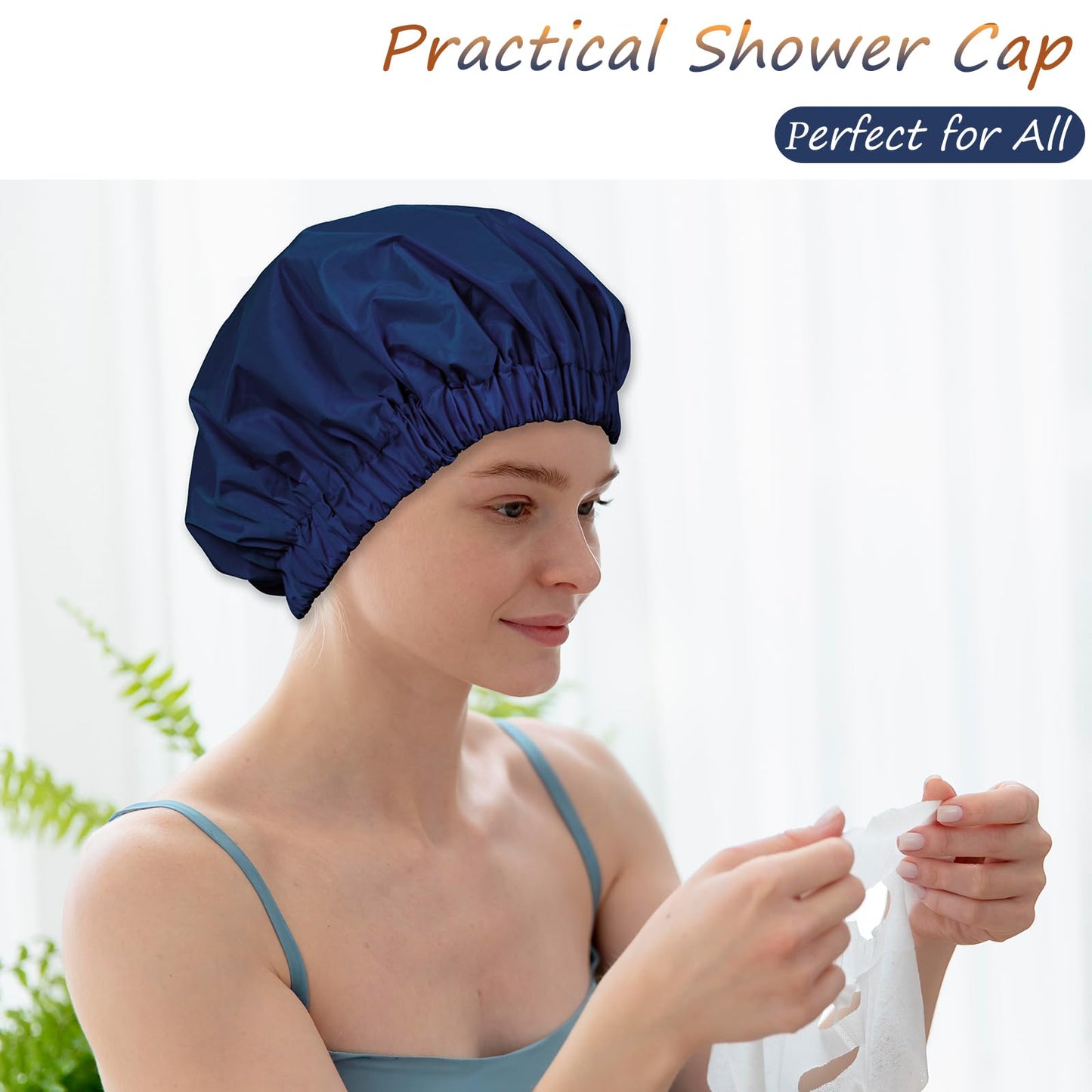TUVATU Reusable Shower Cap for Women – Large Waterproof Satin Shower Bonnet for Long, Curly & Braided Hair, Washable Bath Hair Cover, Navy Blue