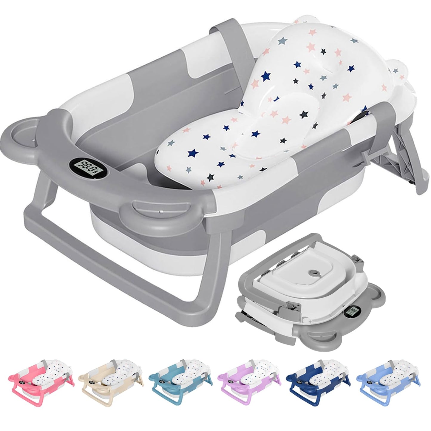 TPN Collapsible Baby Bathtub, Baby Bath Tub with Soft Cushion & Real-Time Thermometer, Baby Bathtub Infant to Toddler Tub (0-36 Months), Portable Newborn Travel Bath tub