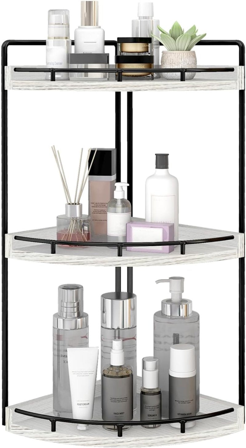 Dorhors 3-Tier Corner Bathroom Organizer - Rustic White Wood Vanity Tray for Kitchen & Bathroom Storage