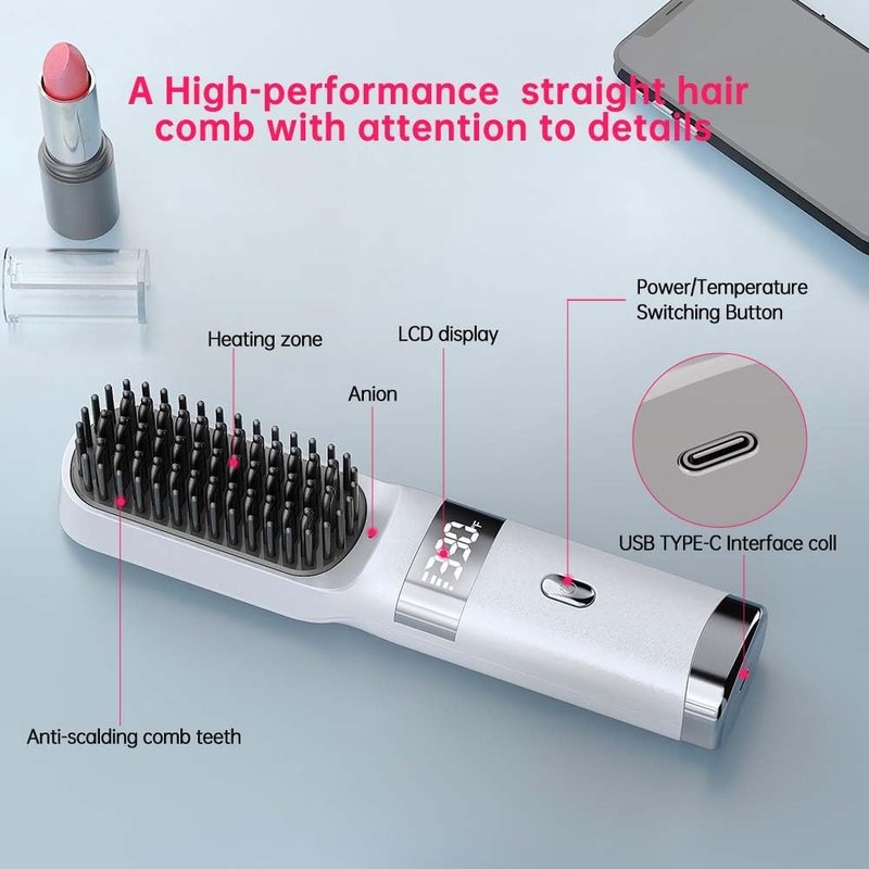 Skiennix Cordless Hair Straightener Brush - Portable Travel Comb with Fast Heating & LCD Display (White)