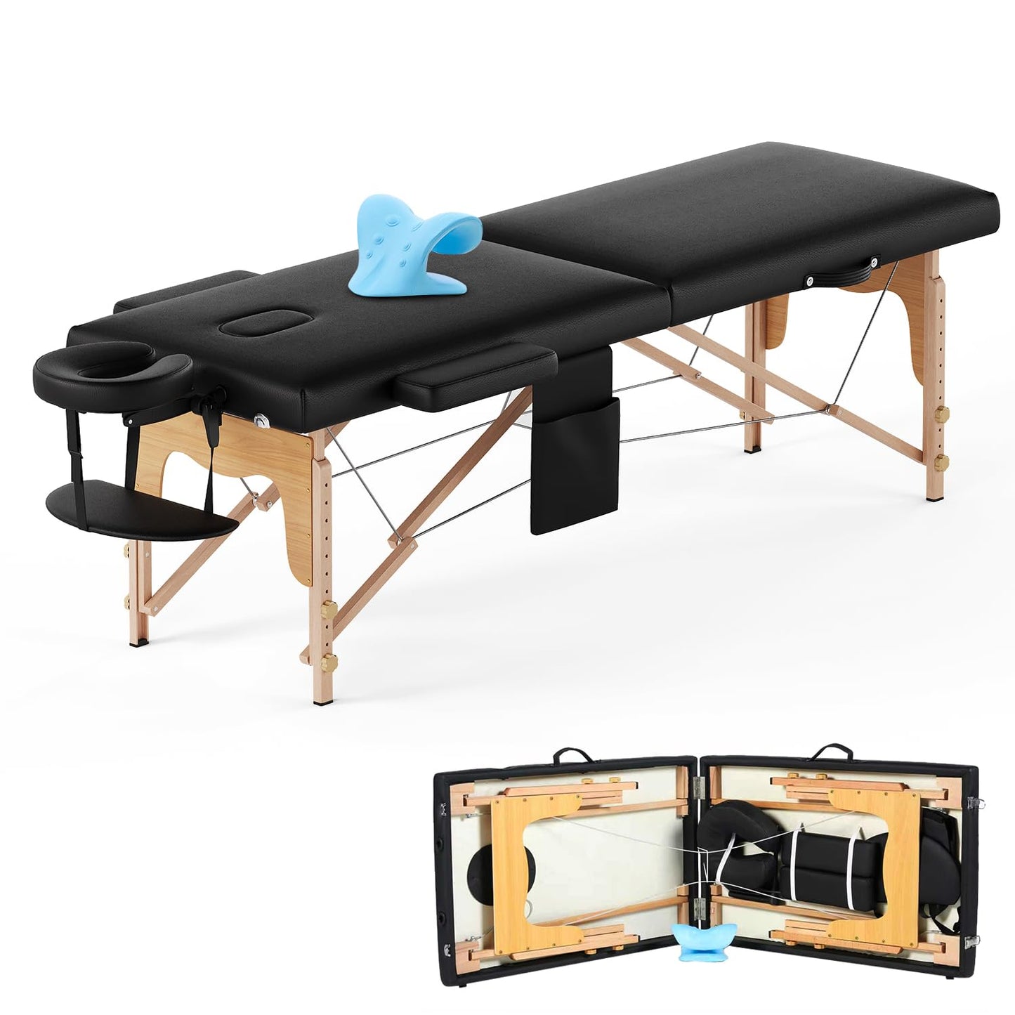 VIRRMO Portable Massage Table with Neck Stretcher, Adjustable Lash Bed Massage Bed Tattoo Table for Eyelash Extensions Beauty Tattoo,Black