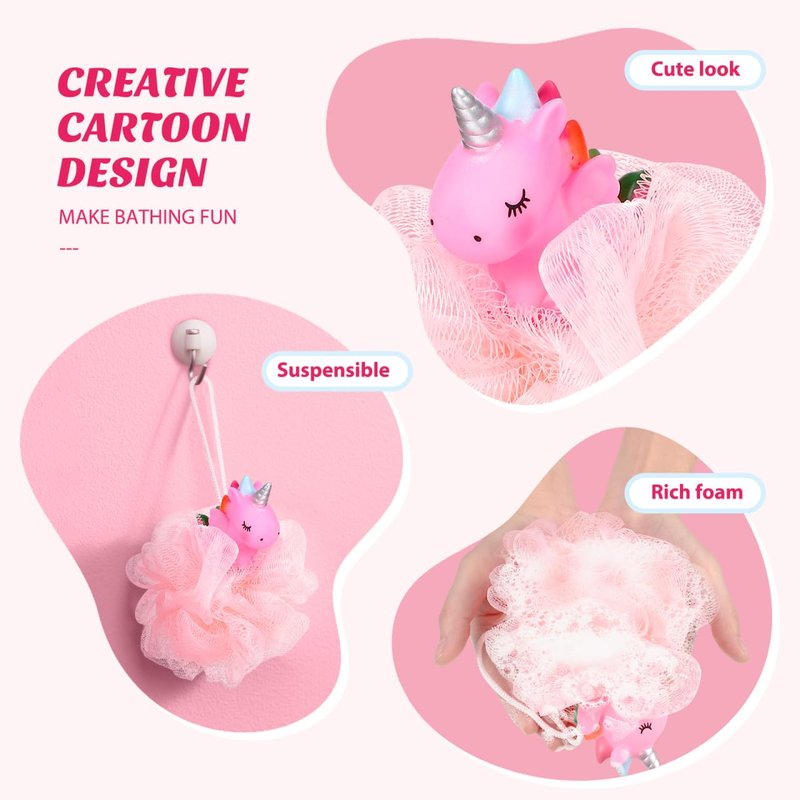 2pcs Kids Bath Loofah: Body Sponge - Unicorn Shower Pouf for Deep Cleaning Body Scrubber Exfoliator Wash Back Scrubber