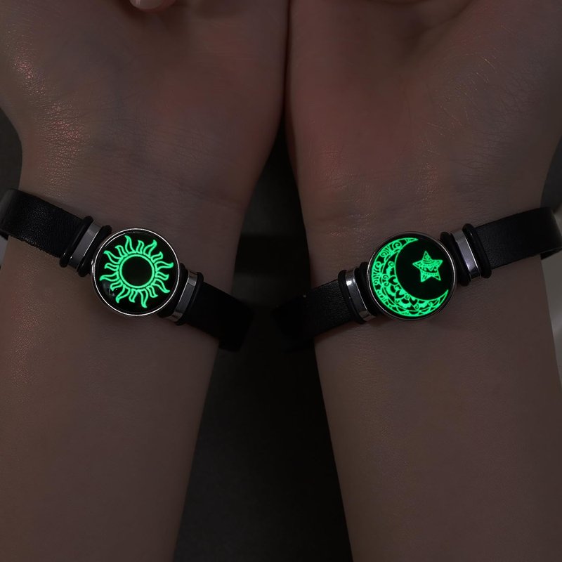 1pcs Couples Leather Strap Bracelet Women Lover Luminous Sun Moon Rope Bracelets Charm Friendship Party Jewelry Gift,Night Light Sun,6.5 * 7 * 2cm