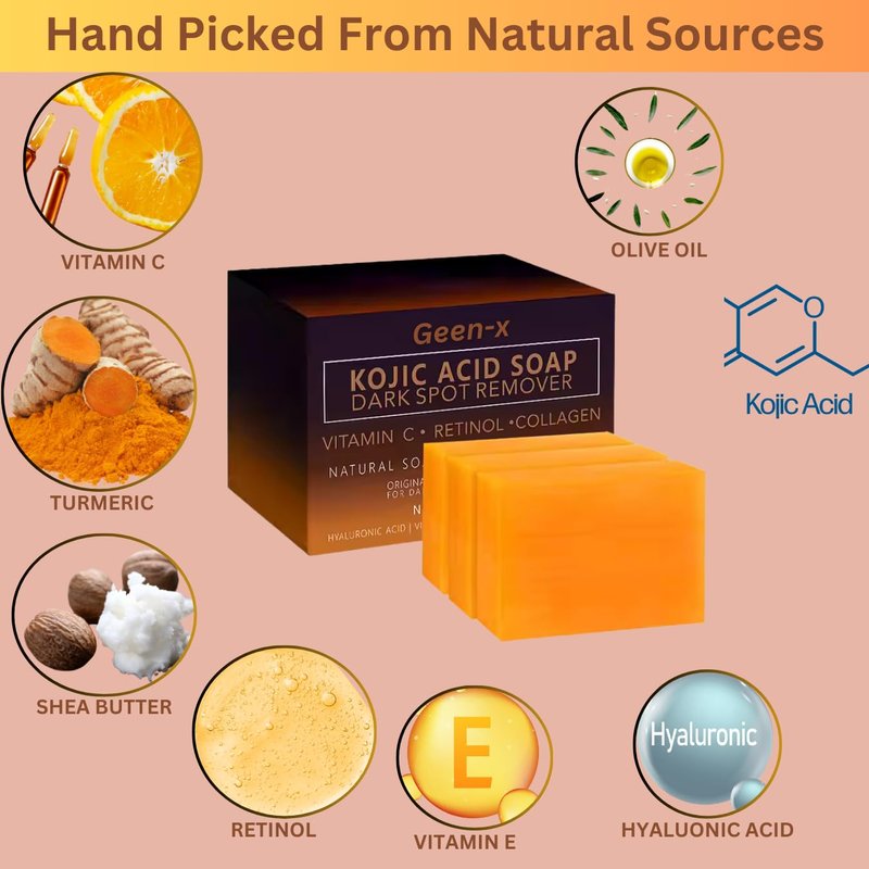 Kojic Acid Turmeric Soap Bar - 3-Pack with Vitamin C, E, Retinol & Collagen | Moisturizing Shea Butter & Olive Oil