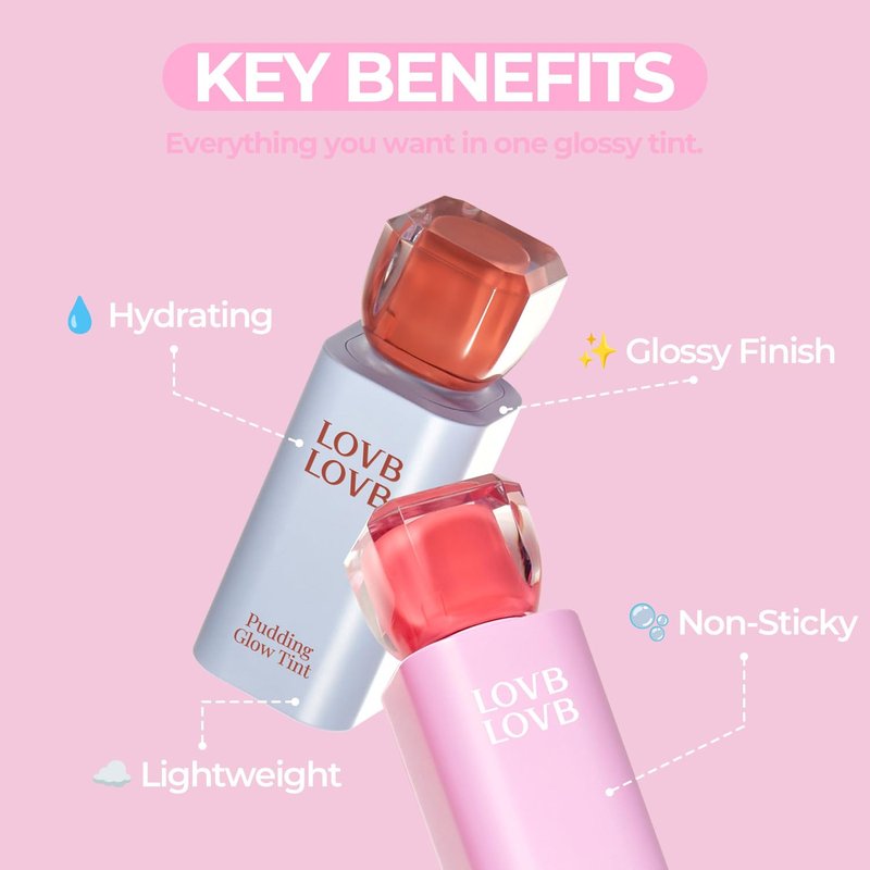 LOVB Pudding Glow Korean Lip Tint - Natural Long-Lasting Lip Stain | Non-Sticky & Lightweight | 0.14 oz (07 Coco Rose)