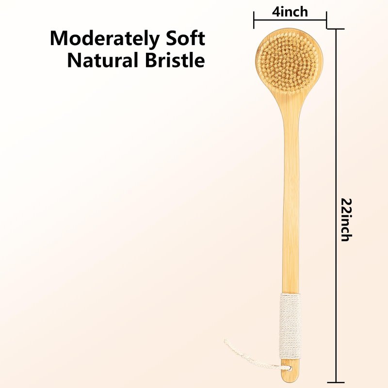 Back Scrubber Brush for Shower, 22" Curved Long Bamboo Handle Shower Brush, Antiskid Body Bath Brushes for Back Dry/Wet Brushing, Moderately Soft Natural Bristle Body Brush for Showering (Beige)