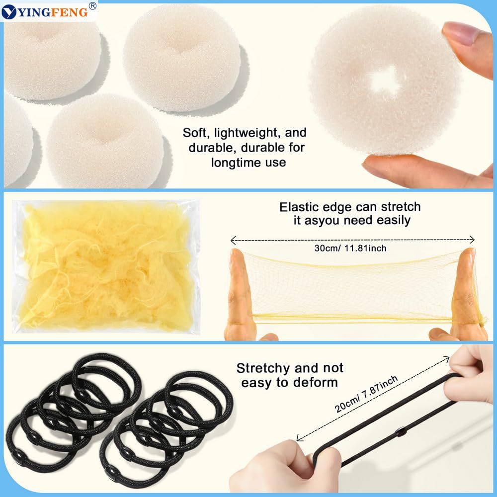 YINGFENG 134 Pcs Beige Hair Bun Maker Kit for Kids Small - 4 Hair Donuts for Buns, 20 Hair Nets for Buns, 100 U Shaped Bobby Pins, 10 Hair Bands, for Girls, Ballet Dance, Hair Accessories for Women