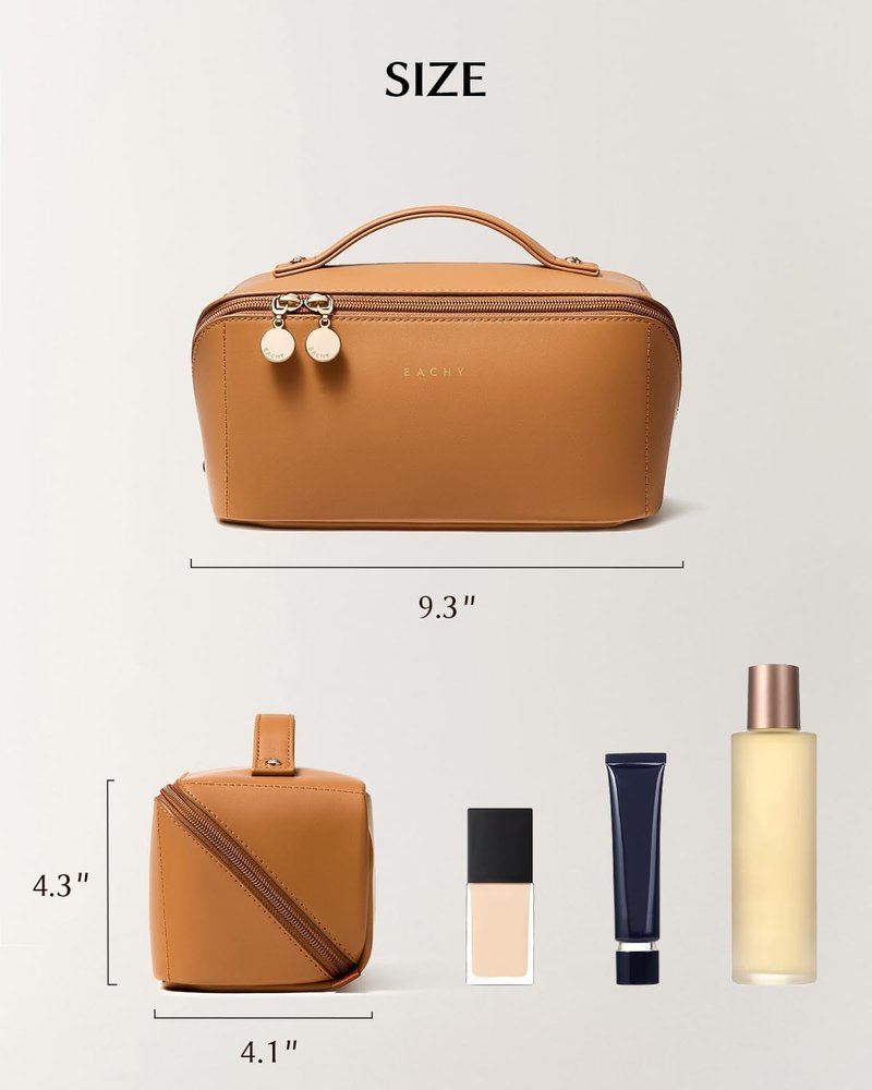 EACHY Travel Makeup Bag, 2.0 Cosmetic Bag for Women, Waterproof PU Leather,Flat Open Portable Toiletry Bag for Skincare, Brushes & Travel Essentials