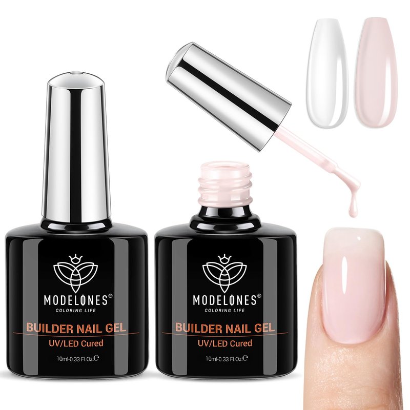 modelones Base Coat Builder Nail Gel, 2 Pcs Clear and Cover Nude Builder Nail Polish, 8-in-One Apex Building Thickening Strengthener Extension Rubber Color for DIY Home Salon Gifts LED Lamp Cured 10ml
