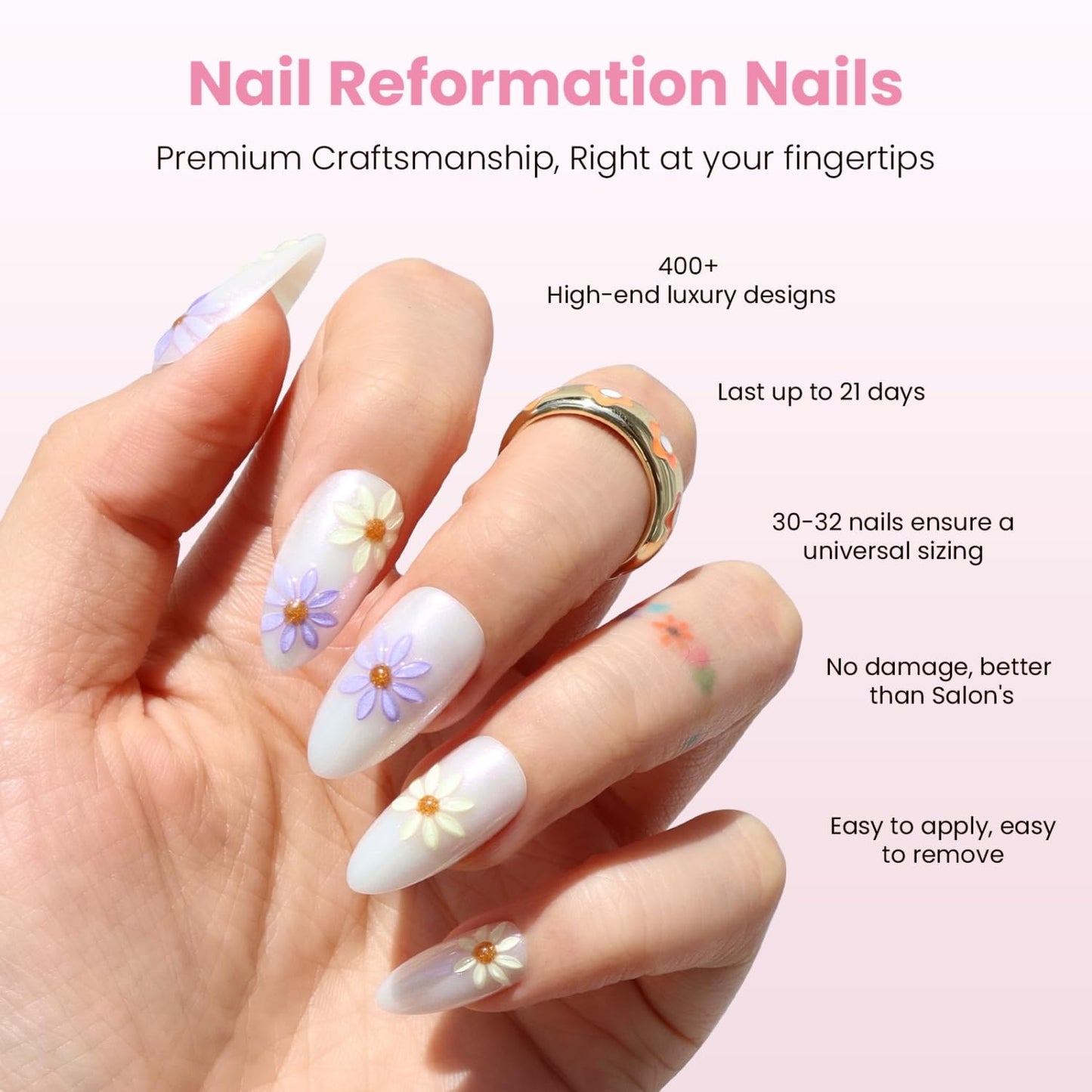 Skiennix Press On Nails - 3D Floral Lavender & Gold Shimmer | Medium Almond Shape, Reusable 30 Nail Kit in 15 Sizes