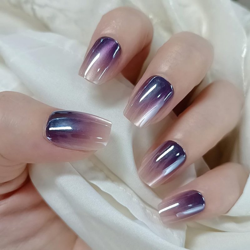 Ombre Press on Nails Short Square Fake Nails Purple Gradient False Nails Press ons with Designs Chrome Cat Eye Acrylic Nails Glossy Finish Full Cover Glue on Nail for Women Manicure 24Pcs
