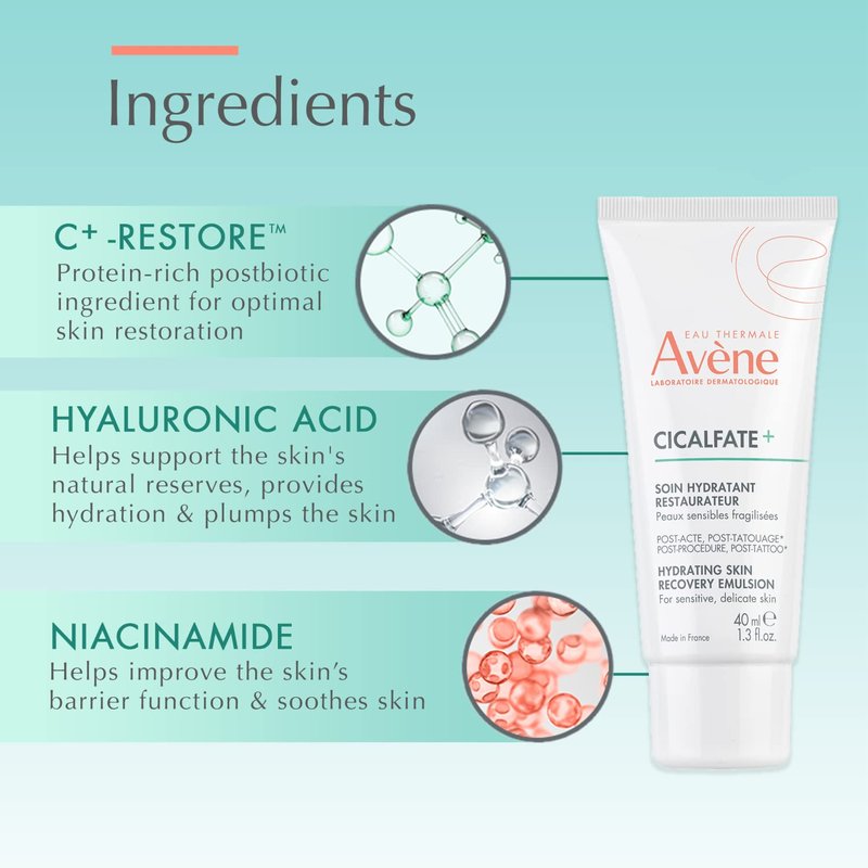 Avène Cicalfate+ Hydrating Skin Recovery Emulsion - 24HR Barrier Repair for Post-Procedure & Tattoo | 1.3 Fl Oz