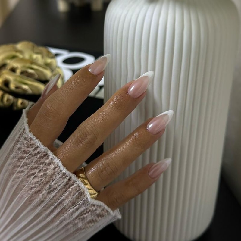 KQueenest French Tip Press-On Nails - Medium Almond Shape | Natural Nude Color, 24 Pcs for Everyday & Weddings