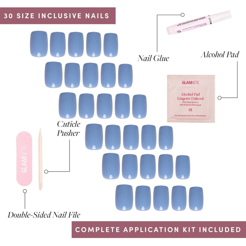 Glamnetic Press On Nails - Cashmere Blue | Opaque Short Squoval Fake Nails, 30-Piece Kit in 15 Sizes