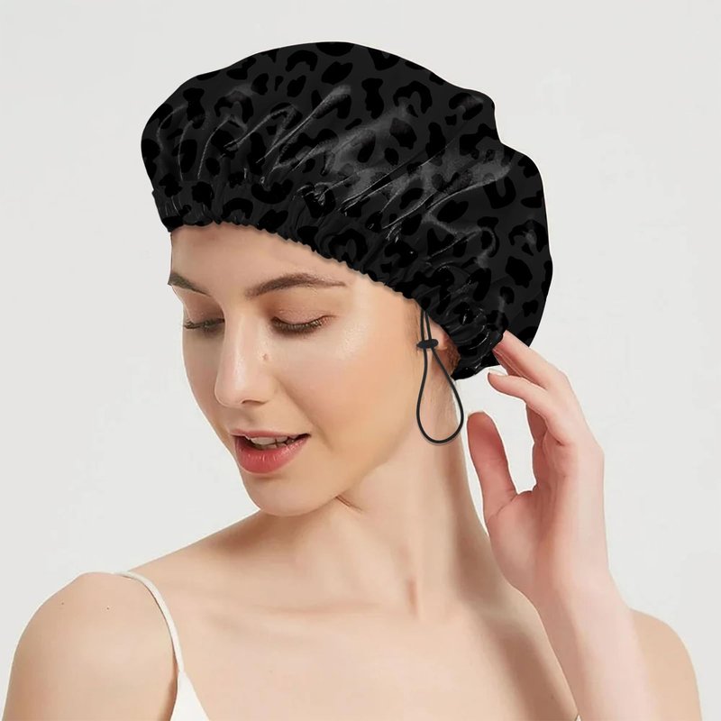 BHAHB 2 PCS Shower Cap Reusable Waterproof Double Layer Elastic Adjustable Hair Bath Caps Cute Aesthetic for Women Girls-Black White Leopard