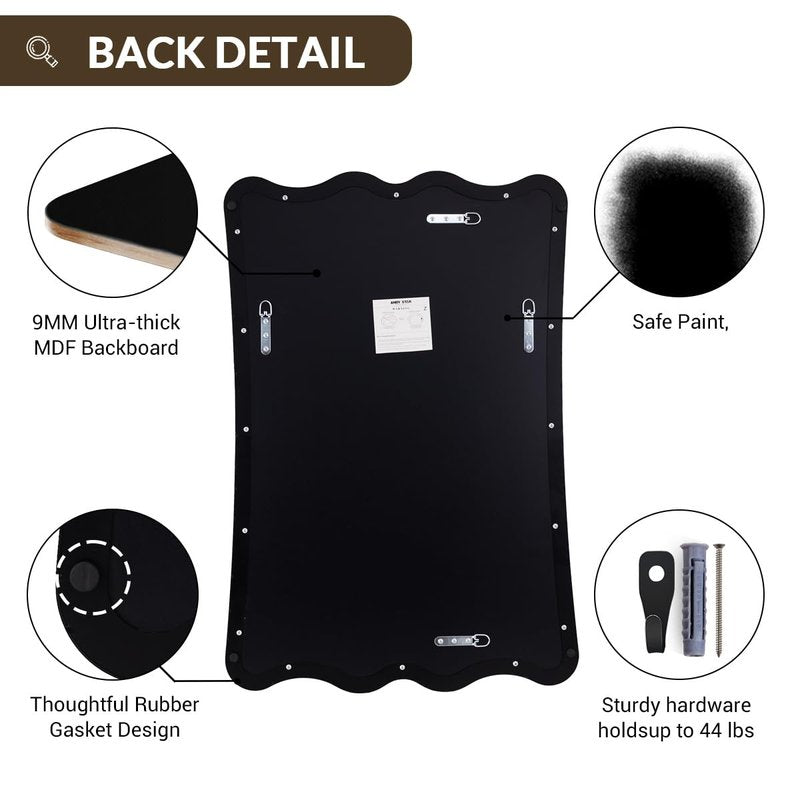 ANDY STAR 24x36 Wavy Rectangle Bathroom Mirror, Matte Black Scalloped Mirror with Curved Design, Irregular Wall Mirror for Vanity, Powder Room, Stainless Steel Frame, Anti-Rust