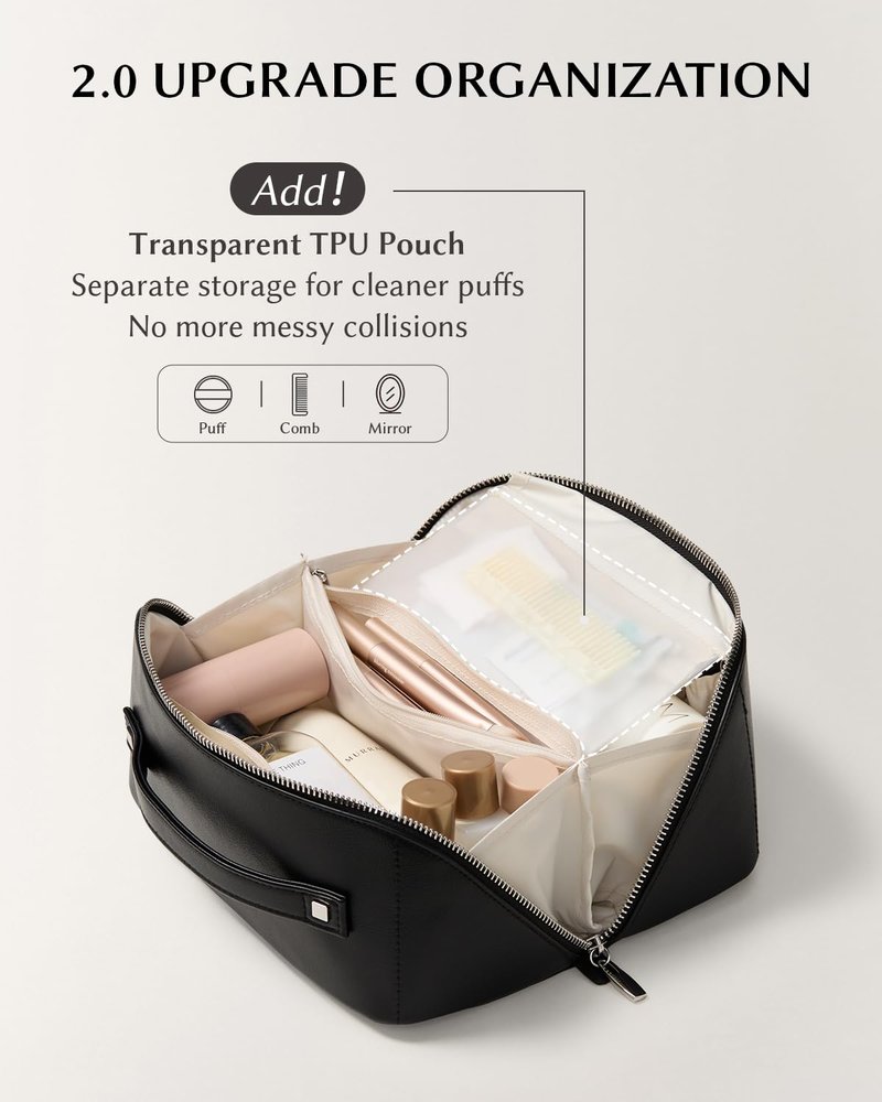 EACHY Travel Makeup Bag, 2.0 Cosmetic Bag for Women, Waterproof PU Leather,Flat Open Portable Toiletry Bag for Skincare, Brushes & Travel Essentials