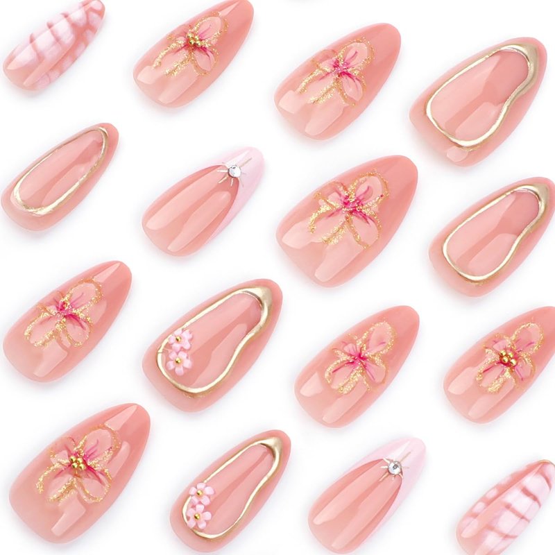 24Pcs Spring Almond Press on Nails Short French Tip Fake Nails with 3D Flower Charms Rhinestones Glue on Nails Flesh Pink False Nails Gold Line Stick on Nails Floral Stiletto Acrylic Nails for Women