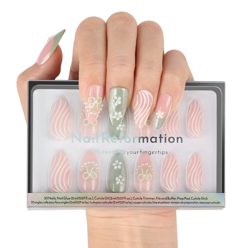 Nail Reformation Press On Nails, Garden of Pearls | Floral French Short Almond Fake Nails on Pink Green Shimmer Base in Glossy Finish, Reusable Stick On Nails in 15 Sizes - 30 Nail Kit for Women Gifts