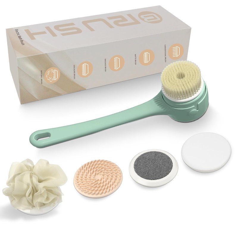 Electric Body Brush Back Scrubber, Waterproof Long-Handle 5-Head Electric Body Scrubber, Rechargeable Bath Brush and 3 Types of Speed Body scrubbe，for Cleaning Massaging and exfoliating (Green)