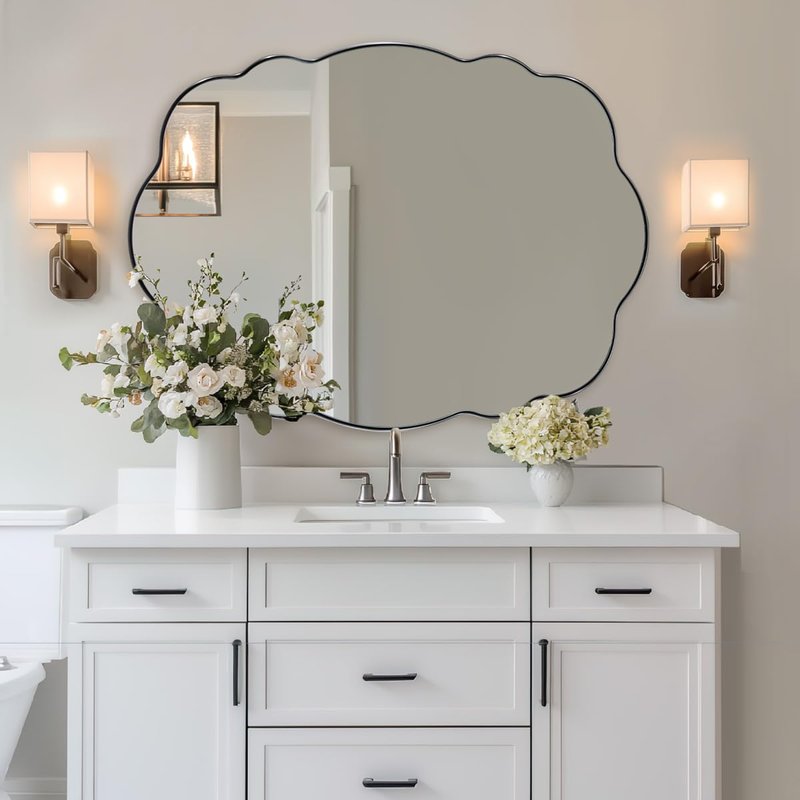 ANDY STAR Chrome Wavy Oval Bathroom Mirror - 26x38 Inch Polished Scalloped Bathroom Mirror, Unique Irregular Design with Heavy Duty SUS Metal Frame