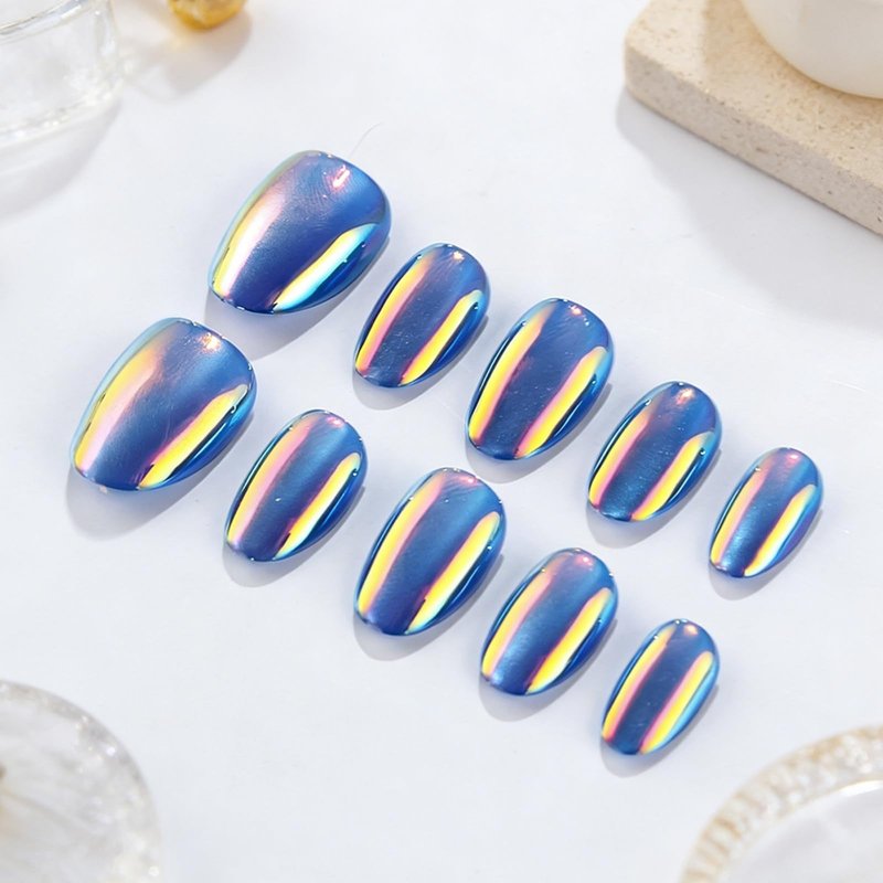 Blue Press on Nails Aurora Short Oval Fake Nails with Chrome Design Glossy Full Cover Dark Color Stick on Nail for Women Manicure 32Pcs
