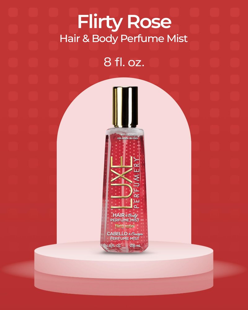 Luxe Perfumery Flirty Rose Hair & Body Perfume Mist – Romantic Floral with Bergamot, Damask Rose & Vanilla – Hydrating Coconut Oil & Glycerin, Lightweight Daily Mist for Women, 8 Fl Oz