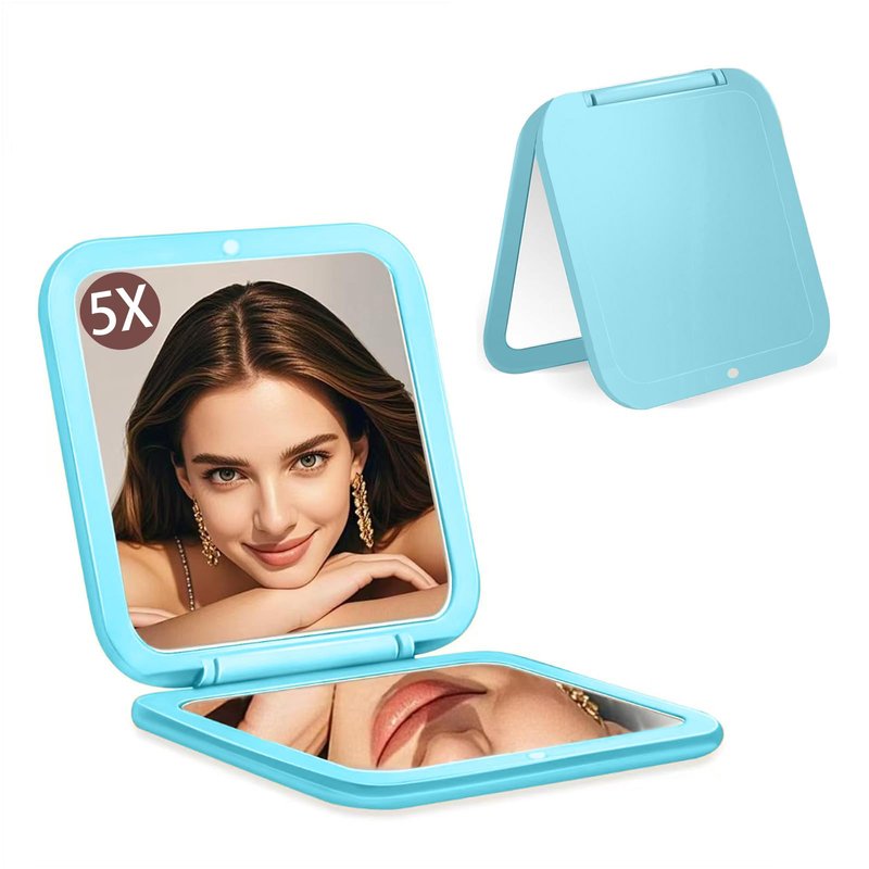 CYHTSHFZ Small Compact Mirror for Purse,5X/1X Travel Magnifying Mirror for Women, Makeup Mirror for Girls, Portable Ultra Slim Pocket Mirror（Light Blue）