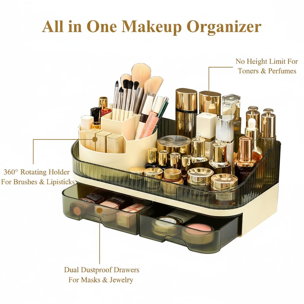 Tidyladyo Makeup Organizer with Dual Drawers - Large Capacity Countertop Cosmetic Storage for Skincare Vanity Bathroom - 360 Rotating - Clear Acrylic