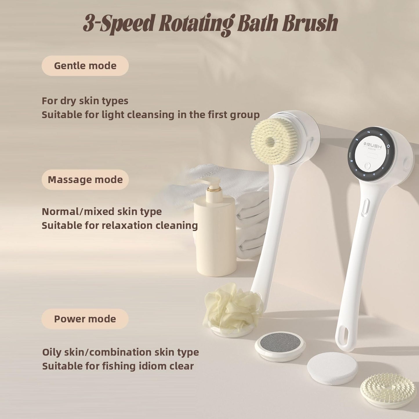 Electric Body Brush, 3 Speed Silicone Body Scrubber with LCD Display, 5in1 Back Scrubber for Shower, Waterproof Rotating Body Brushes, Rechargeable Bath Brush for Clean Exfoliate Massage (White)