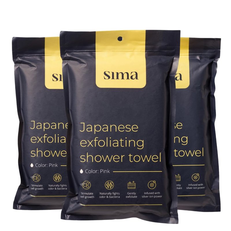 Sima Brand Exfoliating Washcloth Face & Body Scrub Towel - Japanese Exfoliating Towel with Hexagon Fibers, Body Scrubber with 2 Sides for Scrubbing & Washing, Extra Long Towels (Pink, 2 Pack)