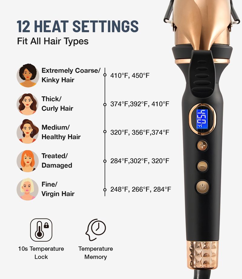 ORYNNE Titanium 2 Inch Curling Iron，Extra-Long Barrel for Long Hair, Curling Iron 2 Inch with Dual PTC Heater, 12 Heat Settings Big Barrel Curling Irons, 60 Mins Auto-Off & Dual Voltage
