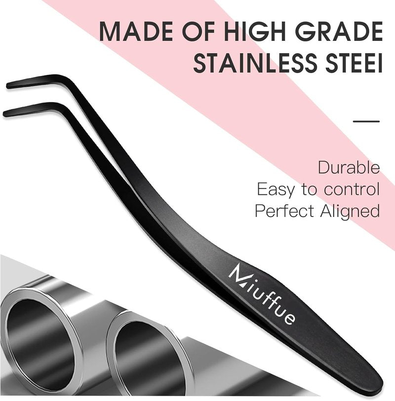 Eyelash Applicator Tool - Stainless Steel Curved Tweezers for Cluster Lashes | Black
