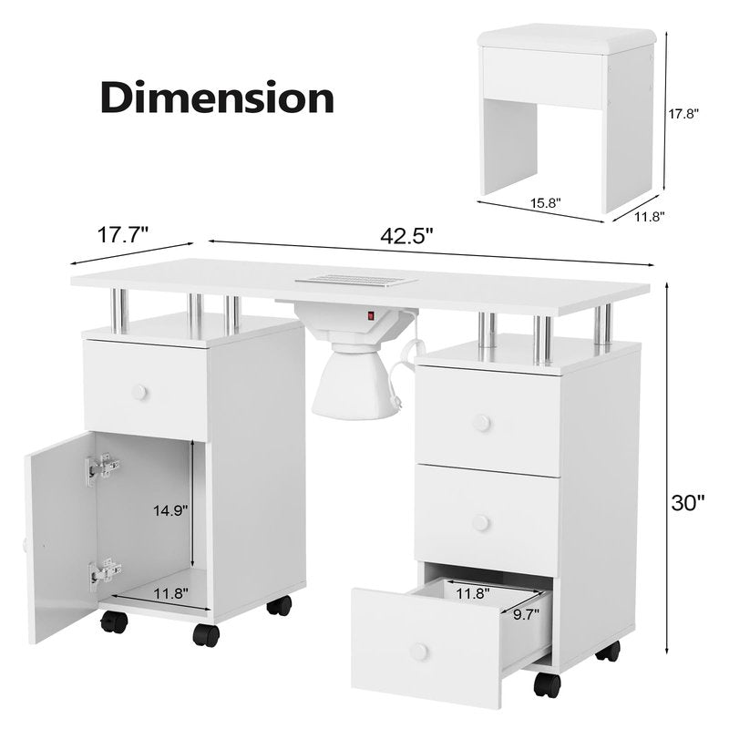 OmySalon Nail Desk and Chair Set, with Stool, Dust Collector, Arm Rest & Wheels, Acetone Resistant Desktop, Manicure Table Nail Table Station for Nail Tech w/Drawers Storage (White)
